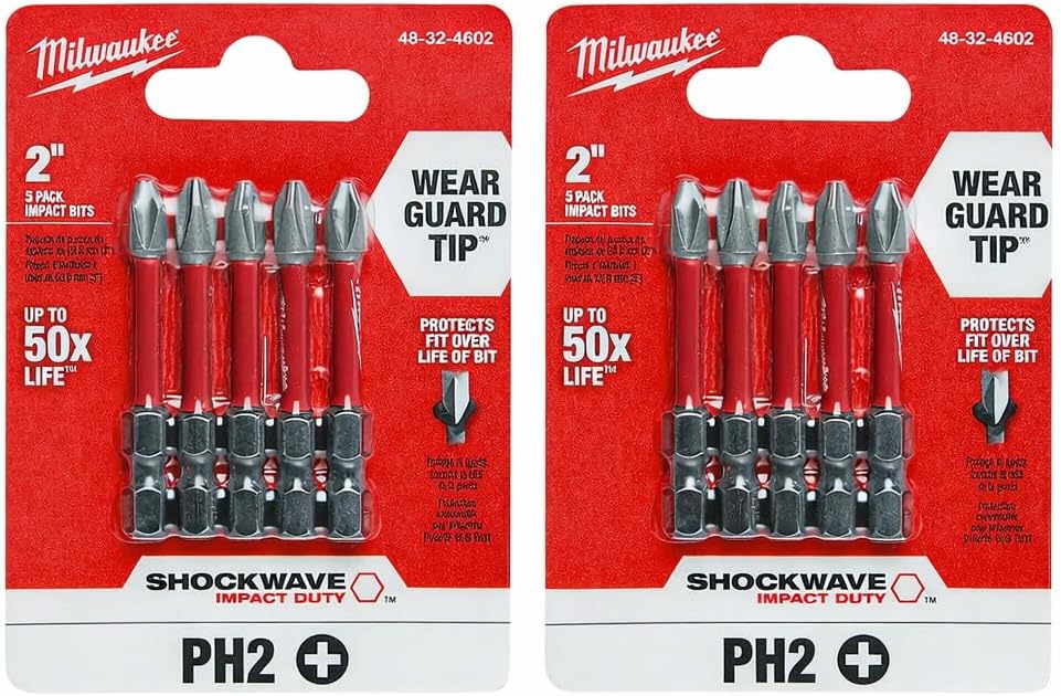 Milwaukee 48-32-4602 Power Bit, 2 Drive, Phillips Drive, 1/4 in Shank, Hex Shank, Steel, Sold as 2 Pack, 10 Count Total