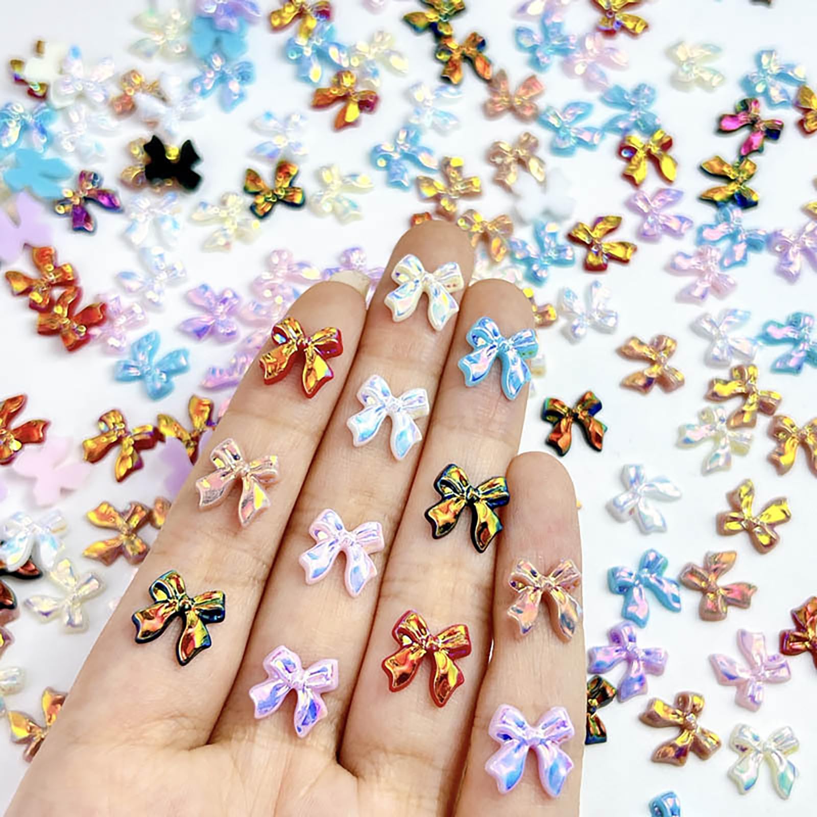 60Pcs Bow Nail Art Rhinestones Colorful Aurora Bow Nail Charms 3D Resin Nail Gems Bowknot Nail Jewels Cute Bows Nail Art Charms for Women Nails Design