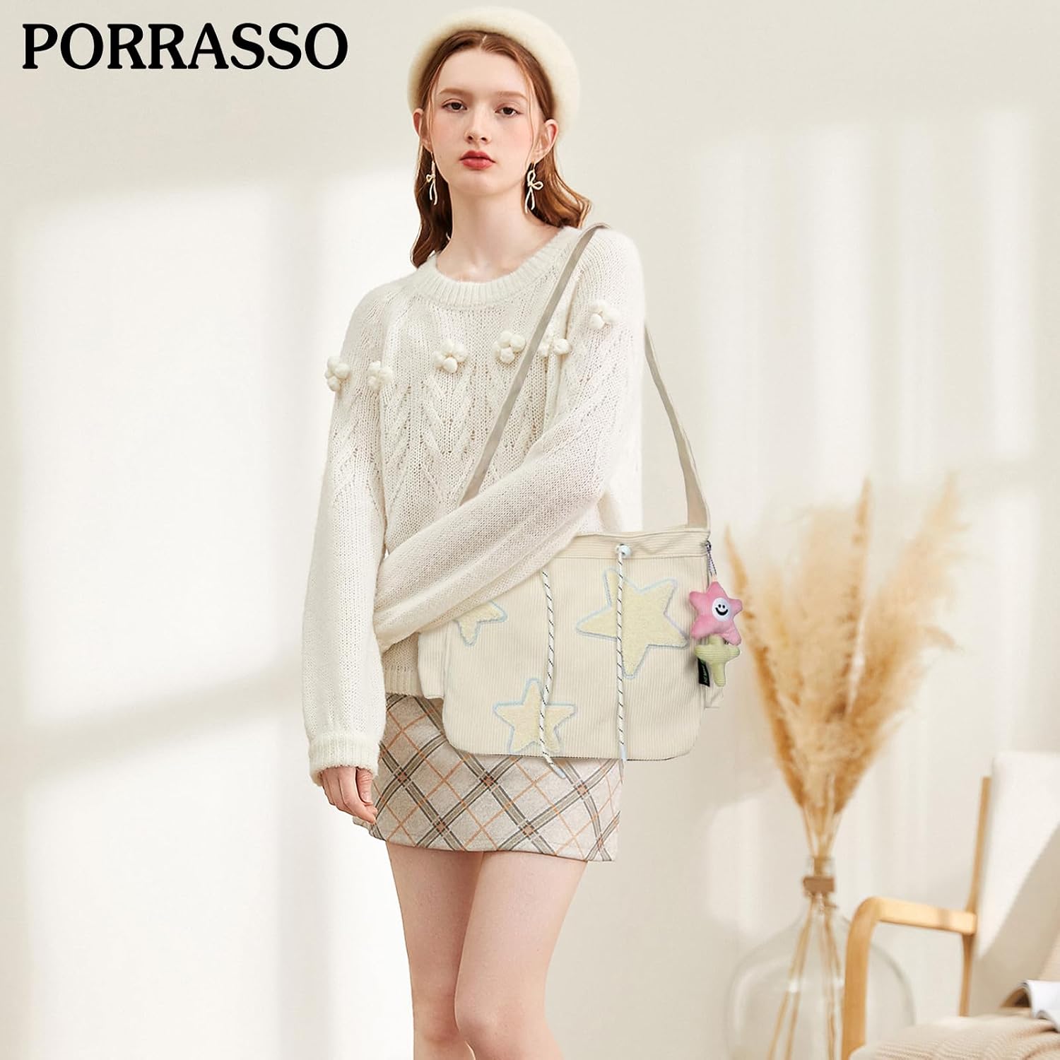 PORRASSO Corduroy Crossbody Bag Shoulder Bag Tote Messenger Bag with Pendant Women Satchel for Dating Travel Daily Use White