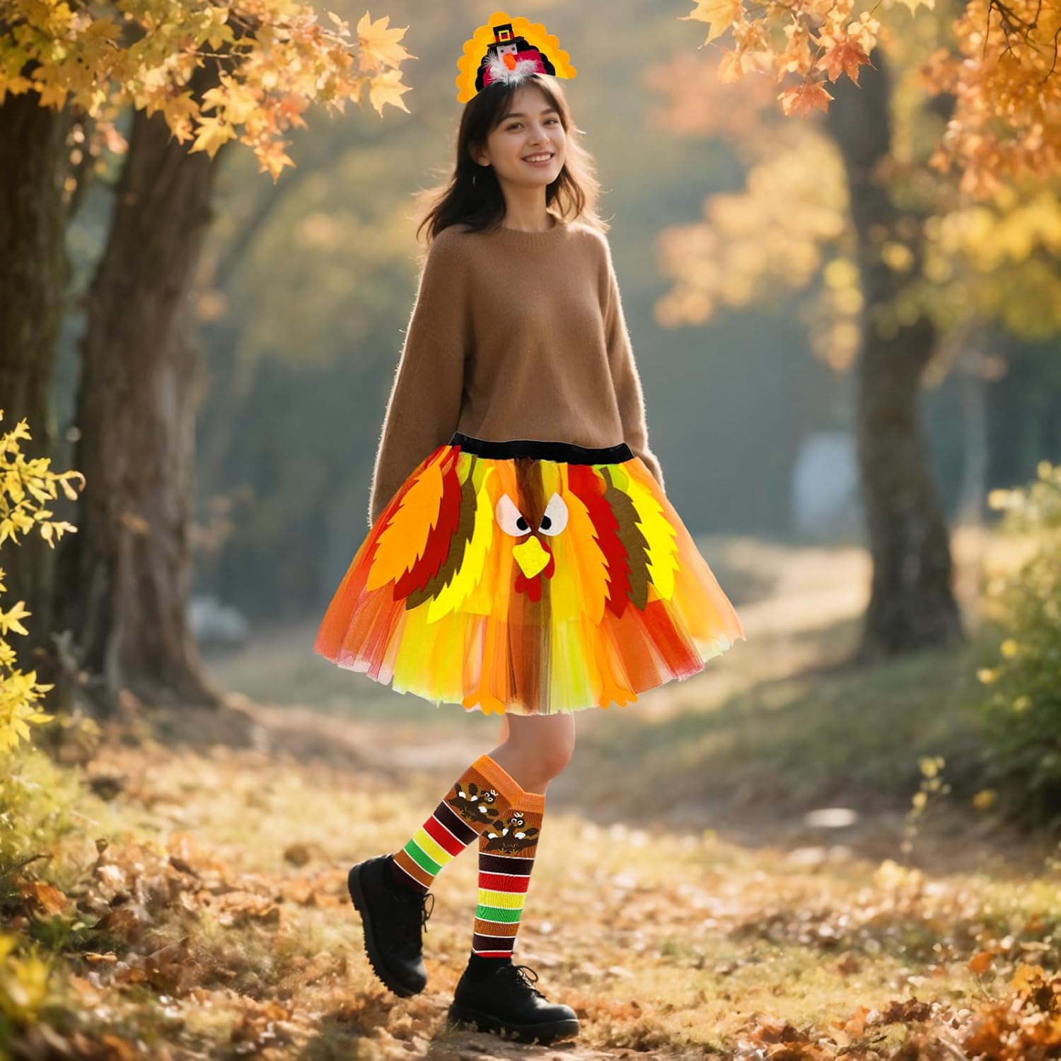 QLINLEAF Thanksgiving Turkey Tutu Costume Turkey Trot Skirt With Headband Sock for Women Autumn Fall Cosplay Party - Image 3