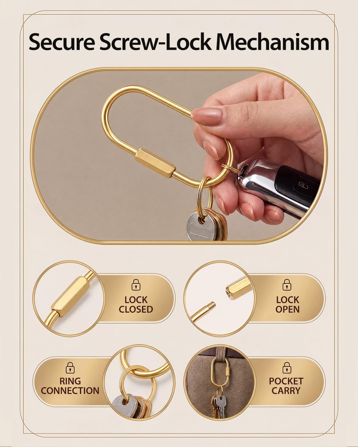 Gold Carabiner, Brass Key Chain Rings, Keychain with Screw Lock image 4