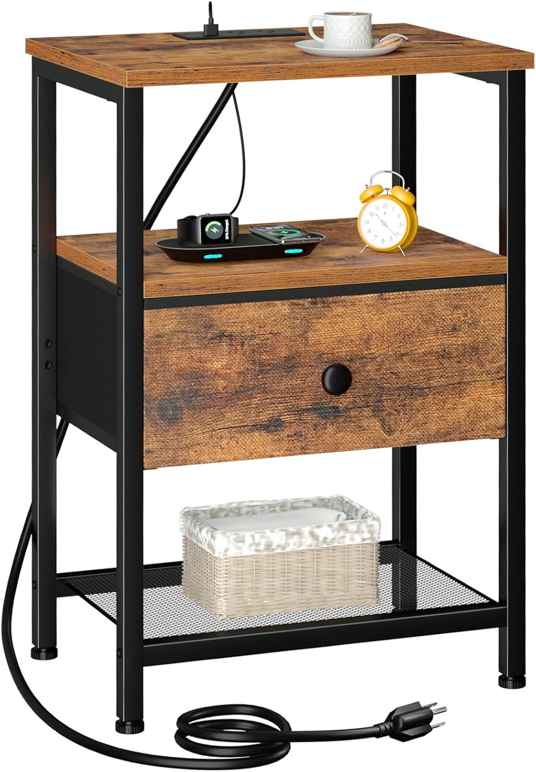 Nightstand with Charging Station, End Table with Fabric Drawer, Night Stand for Bedroom, Small Bed Side Table with USB Ports and Outlets for Living Room, Brown, HETS010BR-1