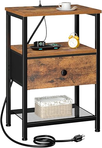 Miniatura 11 de Mesita de noche con estación de carga, mesa auxiliar con 2 cajones de tela, mesita de noche para dormitorio, mesa auxiliar de cama pequeña con