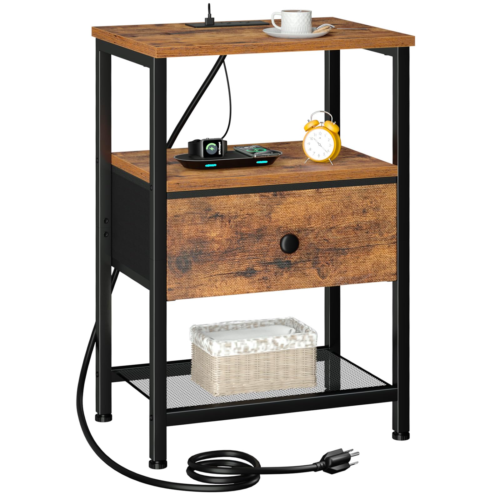 Photo 1 of ** sold as is no refund/return** LOAKEKEL Night Stand with Charging Station, Small Bedside Table with Fabric Drawer, Nightstand with USB Ports & Outlets for Bedroom, Brown, HETS010BR-1