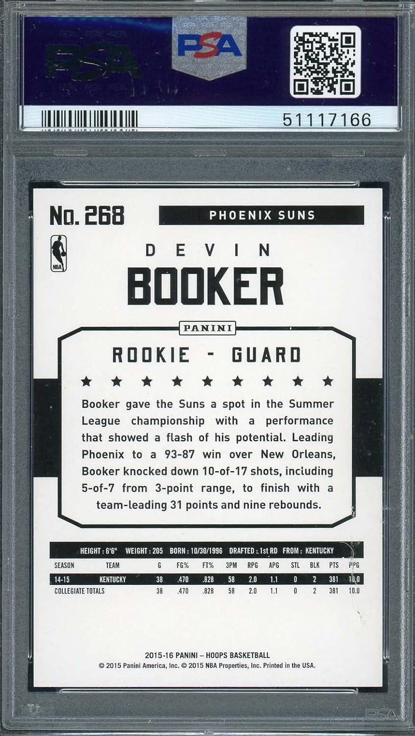 Devin Booker 2015 Panini Hoops Basketball Rookie Card RC #268 Graded PSA 9
