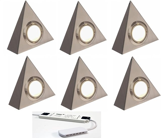 6 X LED Triangle Kitchen Under Cabinet Cupboard Light Warm White Brushed Chrome