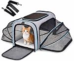 JUNAI Expandable Pet Carrier Large Size 45*28*28cm/17.7*11*11in, Airline Approved Soft-Sided Travel Carrier with Expandable Sides, Removable Fleece Pad, Breathable Mesh & Safety Leash.Travel/Camping