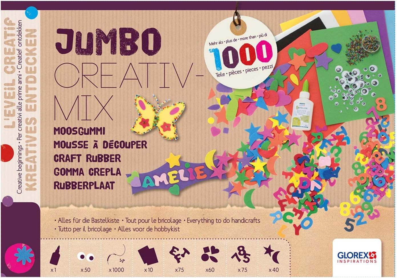 GLOREX 6 2245 030 - Jumbo Foam Rubber Creativ Mix, Consists of 1000 Parts, with Foam Rubber Sheets, Letters and Numbers, Punched Parts, Craft Glue, and Much More. for Creative handicrafts