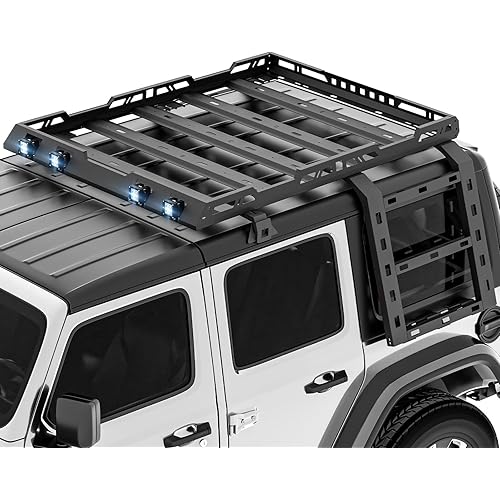 Roof Rack Cargo Basket Fits 2018-2026 Jeep Wrangler JL JLU Unlimited 4 Doors Hardtop with 4 LED Lights & Ladder, Rooftop Rack Carrier Luggage Storage Holder