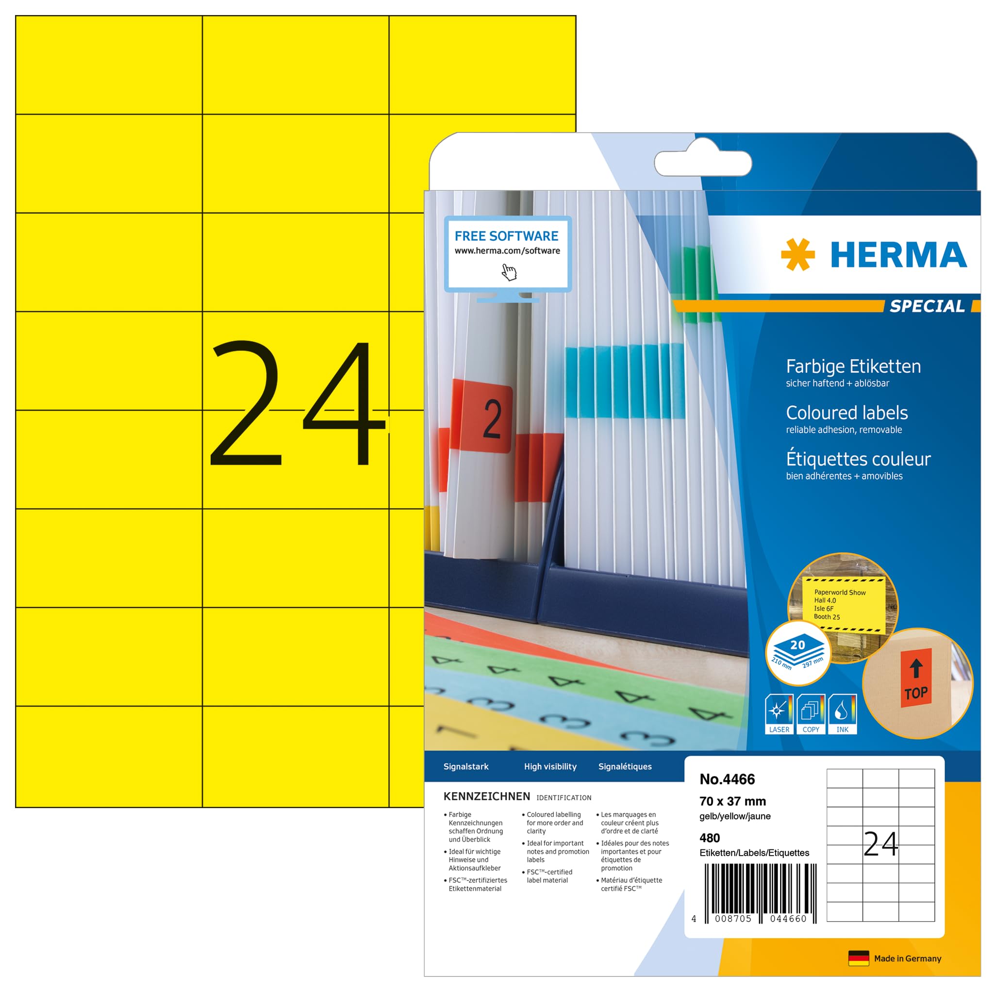 HERMA Self Adhesive Coloured Labels, 480 Labels, A4 Sheets, 70 x 37 mm, Yellow