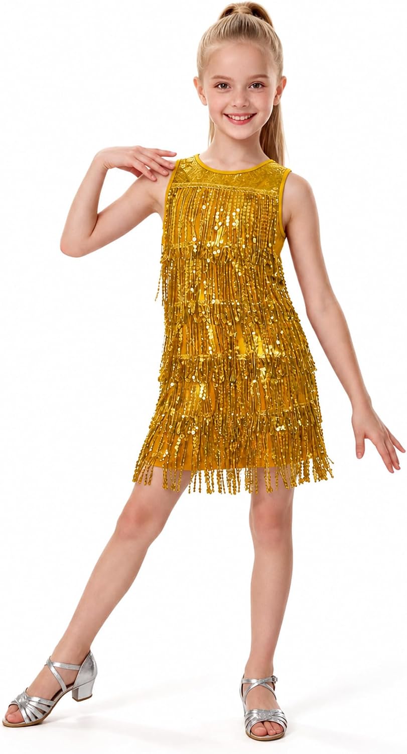 Wenlia Girls' Sequin Fringe Latin Dance Dress Set with Shorts