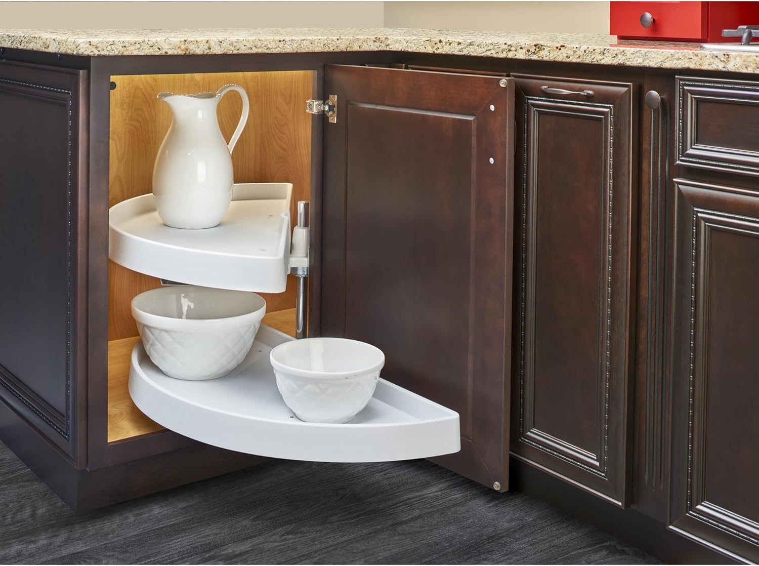 Rev-A-Shelf 31” Pull Out Half Moon Lazy Susan Shelf Sliding Organizer w/Hardware for Blind Corner Kitchen or Bathroom Cabinets, White, 6882-31-11-570