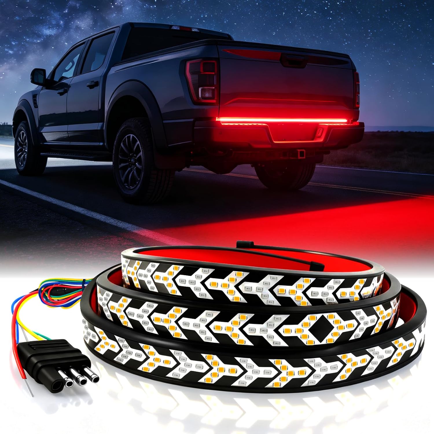Keiurot Truck Tailgate Light Bar, 60Inch Tailgate Led Light Strip Waterproof Arrow with Sequential Turn Signal Break Runing Red & Amber Flexible for Pickup Truck,540Led Chips DC12-24V (150CM/1Set)