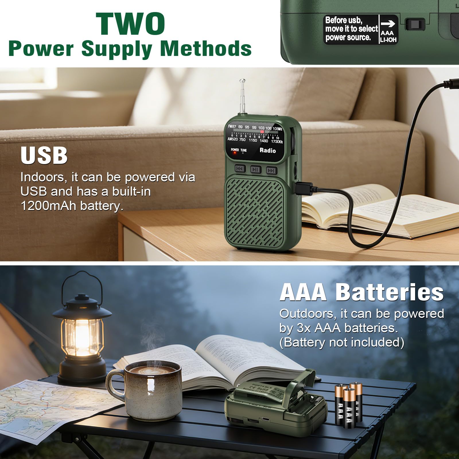 Tendak Mini Radio à Piles AM/FM/FM Bluetooth Portable 1200 mAh USB-C Vert