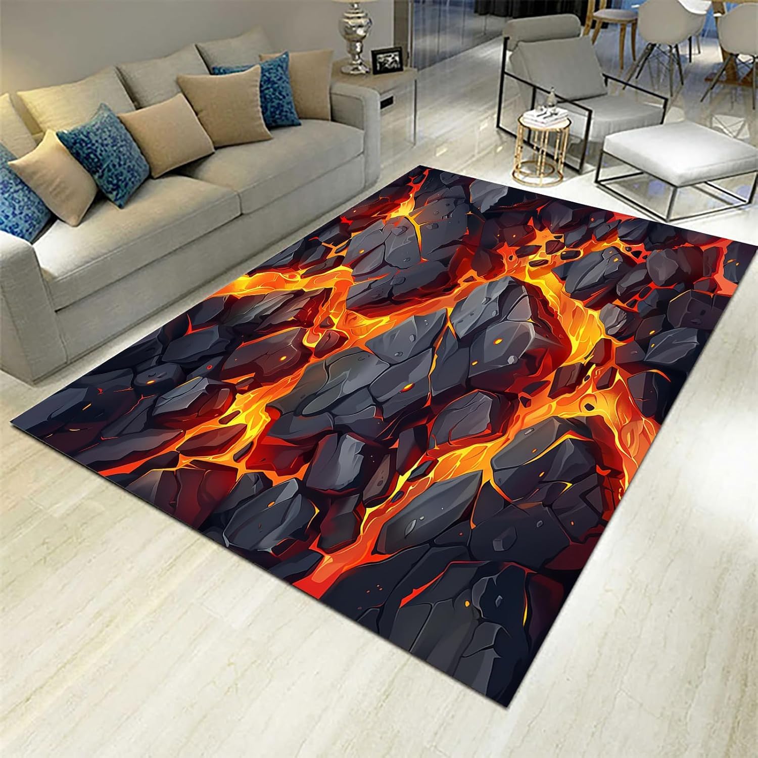 Flame Rock Texture Children'S Carpet, 3D 200 X 300 Cm Printed Non-Slip Carpets Square Rug Household Non-Slip Sofa Floor Mat - Polyester Soft Touch Easy Clean-3304603152294