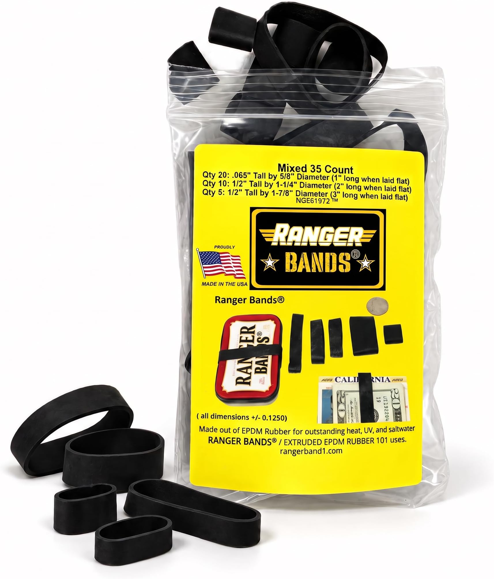 Ranger Bands® 35 Count Mixed Count Made from EPDM Rubber for Survival and Strapping Gear Made in The USA Tactical Rubber Bands, Heavy Duty Rubber Bands Black.