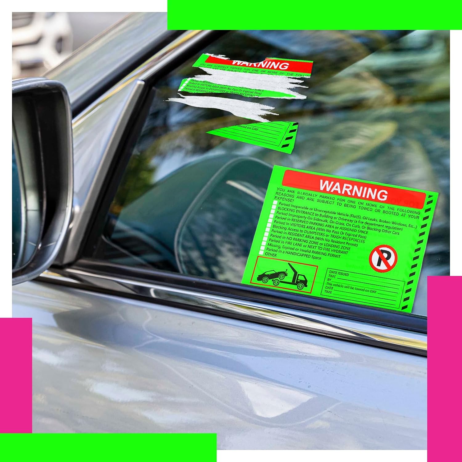 300 Pcs Parking Violation Stickers No Parking Stickers Bad Notice Tow Notice You are Illegally Parked Multi Reasons for Window Car 5.5x7.5 Inch (Fluorescent Green)