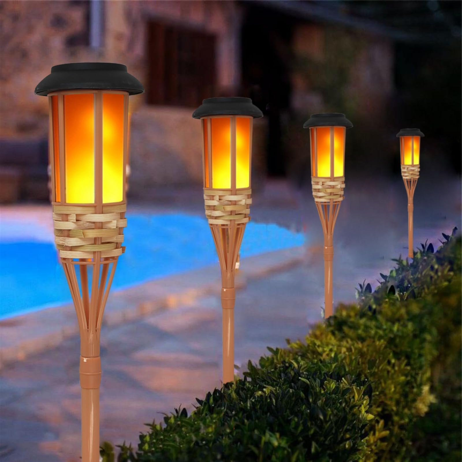 Antorcha Solar de Bambú para Exteriores 12 LEDLuces, Lámpara de Antorcha de Jardín, Linterna para Patio y Césped, Luz Decorativa para Fiesta al Aire Libre，luces solares led exterior jardin