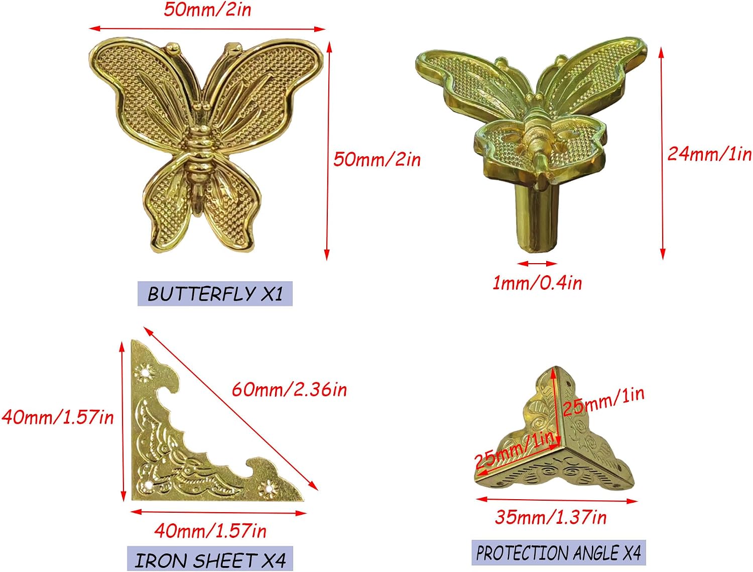 Retro Brass kit, Including Animal Handle, Corner Protector, Decorative Iron Sheet, with Screws, Suitable for DIY and Decorating Jewelry Boxes, Box not Included (Butterfly-S)