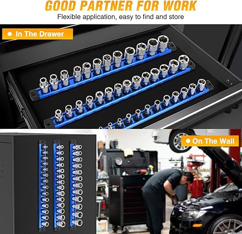 Vista 45 de GOOACC Organizador magnético de enchufes de 1/4 de pulgada, 2 piezas de soporte métrico SAE, bandeja organizadora de enchufes de 1/4 de pulgada