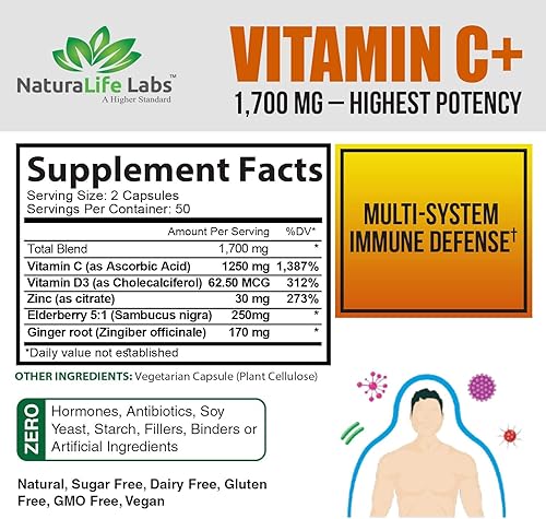 Miniatura 2 de Vitamina C 1700 mg con vitamina D3 zinc saúco raíz de jengibre apoyo inmunológico multisistema de máxima resistencia 100 cápsulas vegetales