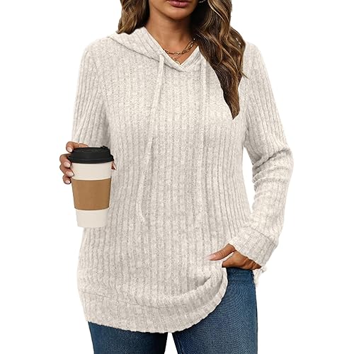 Womens Plus Size Lightweight Ribbed Knit Hoodie Sweaters Casual Long Sleeve Pullover Tops for Fall Winter L-4XL