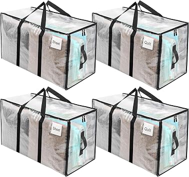 RICHIE Clear Heavy Duty Extra Large Moving Bags with Reinforced Handle and Double Zipper - Waterproof Storage Box with Tag Window - for Christmas Decorations, Moving & Travel, 90L (Clear, 4 Packs)