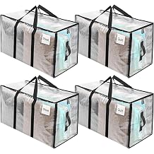 RICHIE Clear Heavy Duty Extra Large Moving Bags with Reinforced Handle and Double Zipper - Waterproof Storage Box with Tag Window - for Christmas Decorations, Moving & Travel, 90L Clear, 4 Packs
