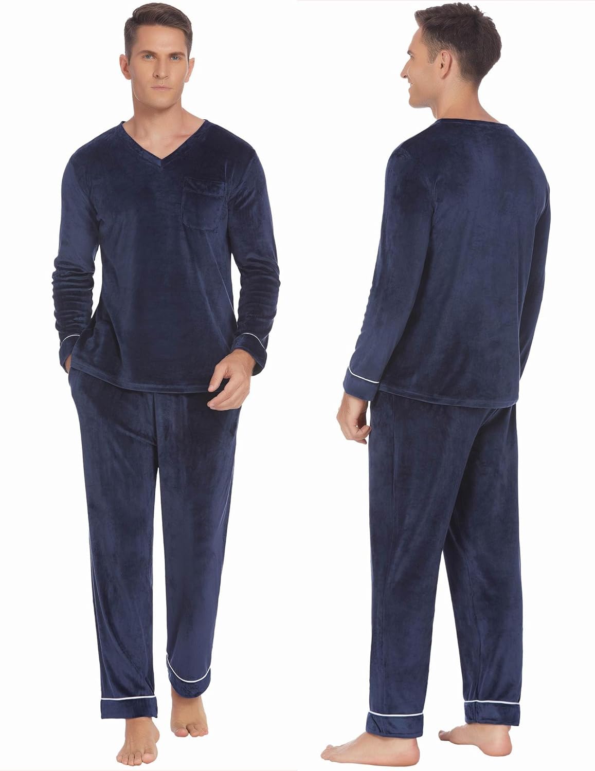 Ekouaer Couples Matching Pajamas Sets Velvet PJs Set for Men and Women Velour Long Sleeve Sleepwear S-XXL Navy - Image 2