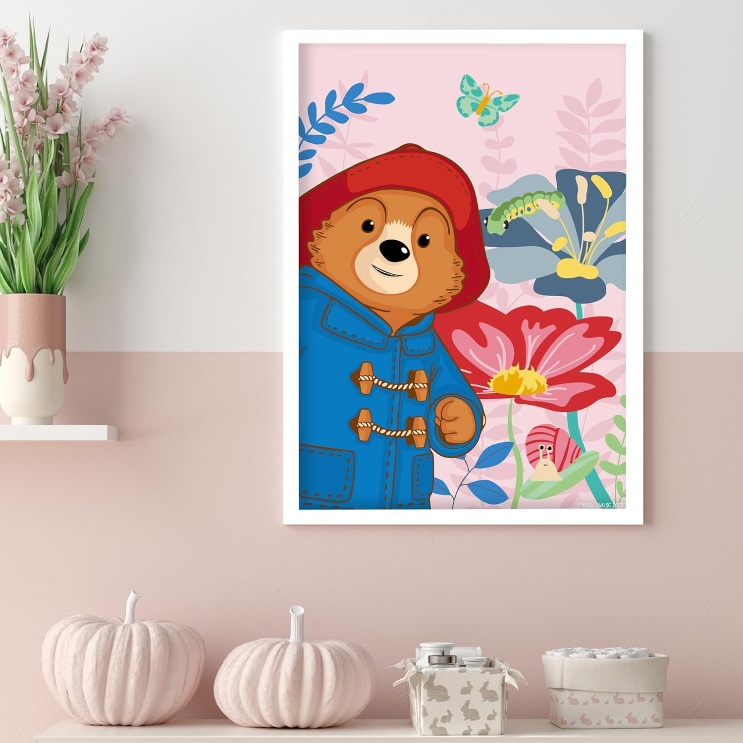 Themed Multi Colour Paddington Bear Print - Pink Flowers Kids Wall Art Paddington Tv (29.7Cm X 42Cm - A3)