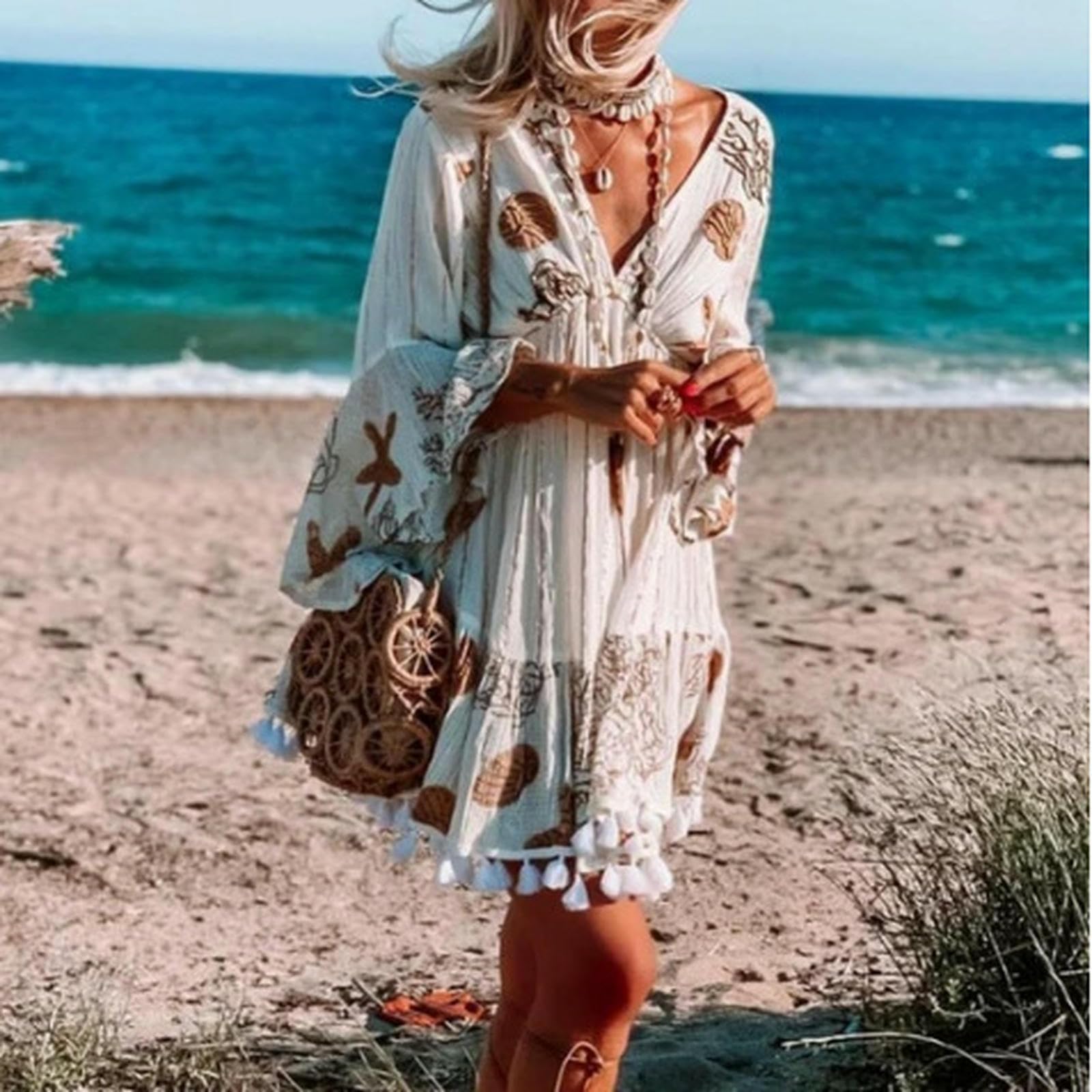 Robe Bohemian Summer Sundren, Imprimée Florale-Blanc-XL
