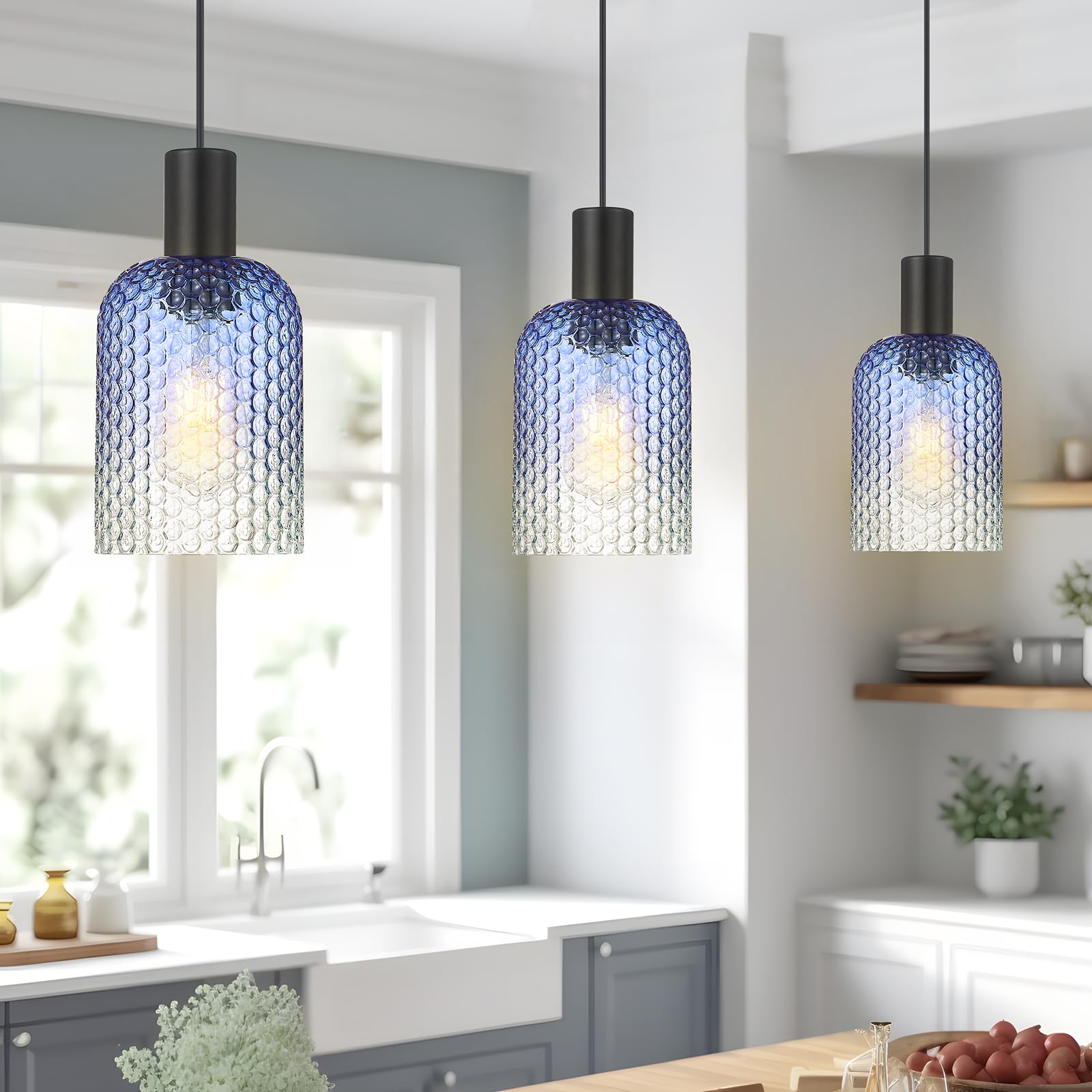 Emliviar 3 Pack Modern Pendant Lights, Indoor Kitchen Island Pendant Lights for House with Blue Hammered Glass, Black Finish, GE296MIL-3PK BK