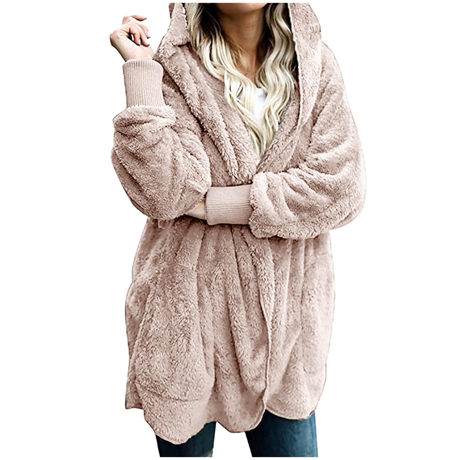 Piuwrlz Women Oversized Hooded Sherpa Cardigan Fuzzy Fleece Jacket Winter Open Front Fleece Coat Outwear with Pockets