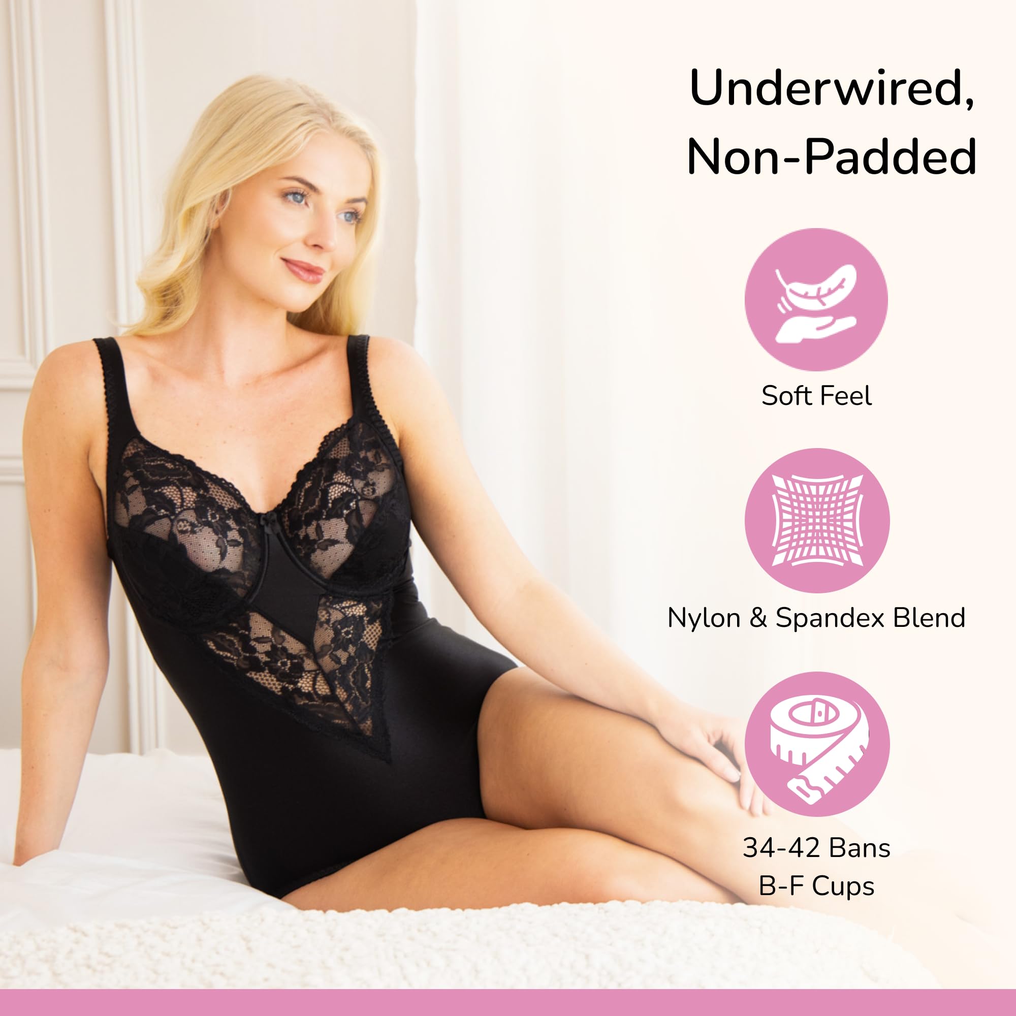 Camille Body Shapewear Donna Bianco - Reggiseno con ferretto Non imbottito, Pizzo Fiorito, Spalline regolabili, Guaina Silhouette, Lingerie Elegante