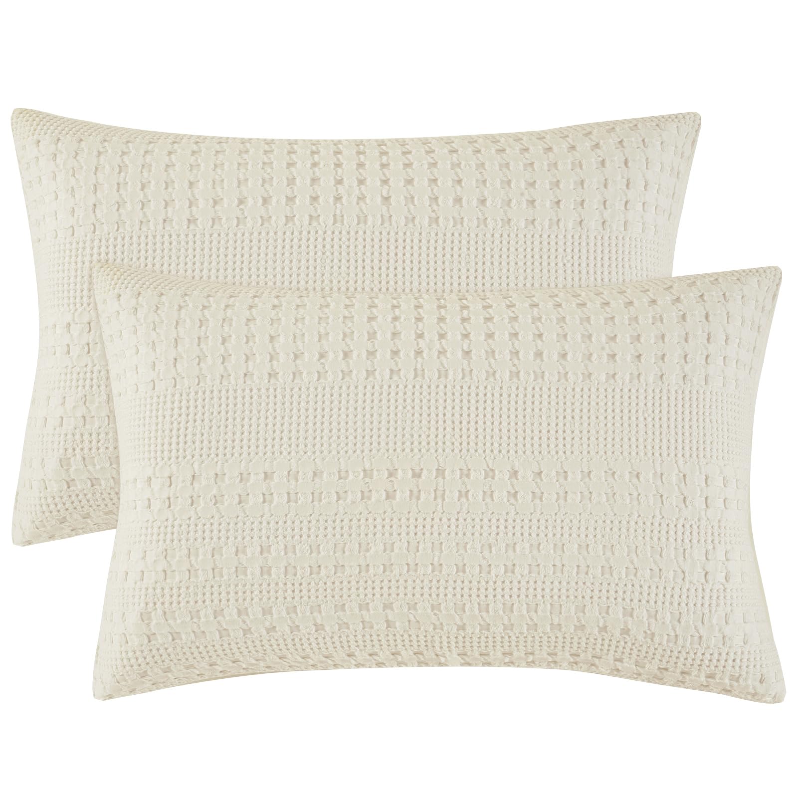 phf 100% cotton waffle pillow shams king size, 2 pack 20" x 36" soft skin-friendly pillowcases, no filling, aesthetic woven and breathable waffle weave pillow case covers for bed, ivory