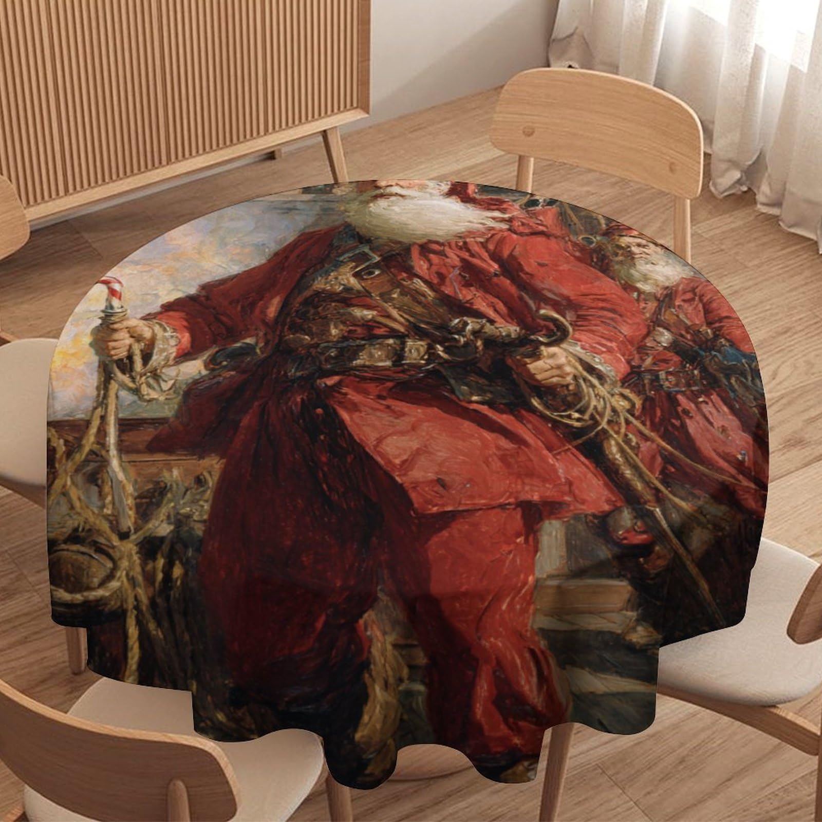 LUYYSKY Classic Funny Red Santa Round Tablecloth Rustic Nautical Christmas Santa Pirate Ship Pattern Washable Decor for Table Cover for Kitchen-177.8" Wx177.8 L cm
