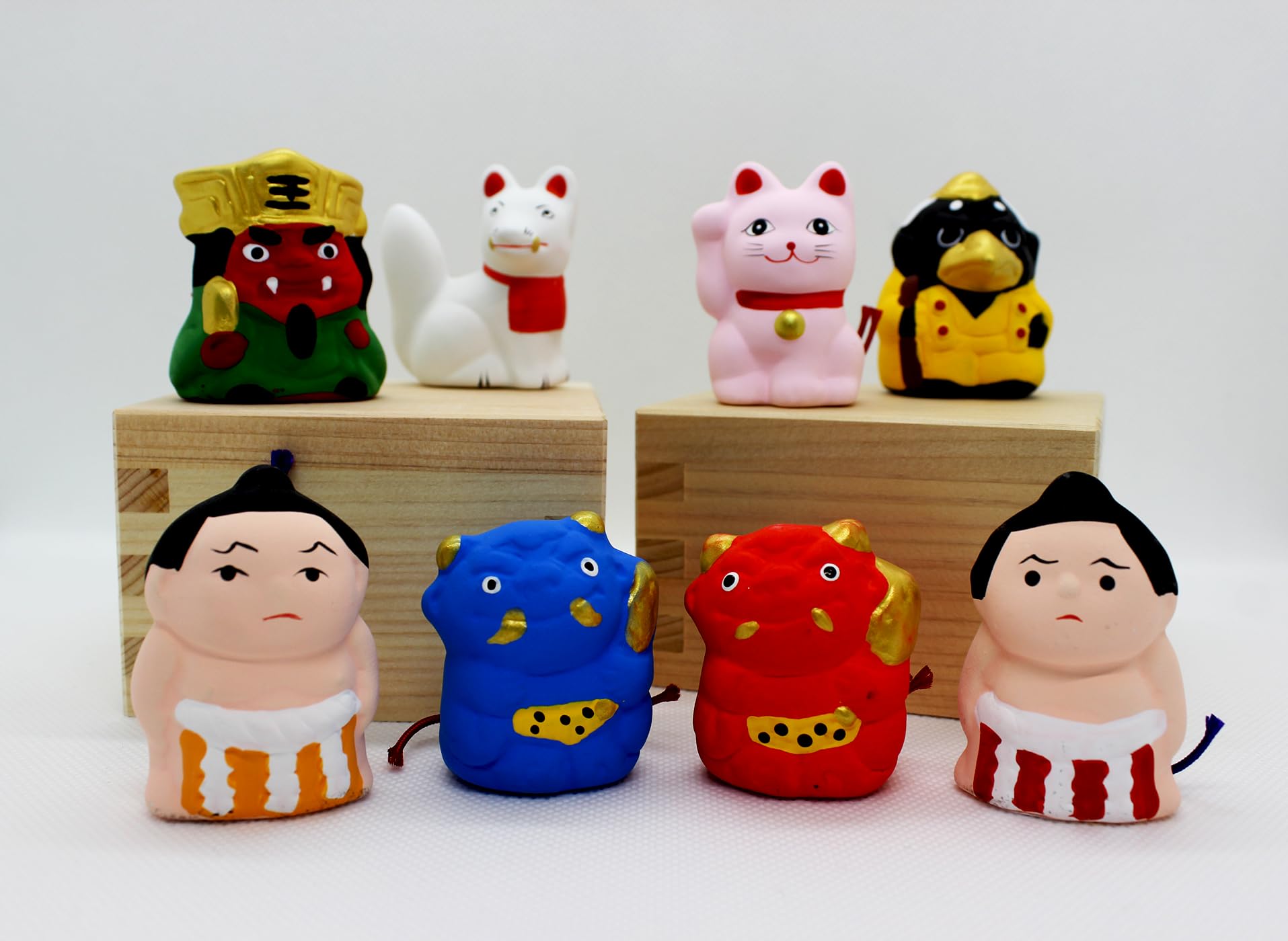 Figura de cerámica tradicional japonesa, decoración de muñeca para la buena suerte (Yokai 2 zorros, 1 cuervo)