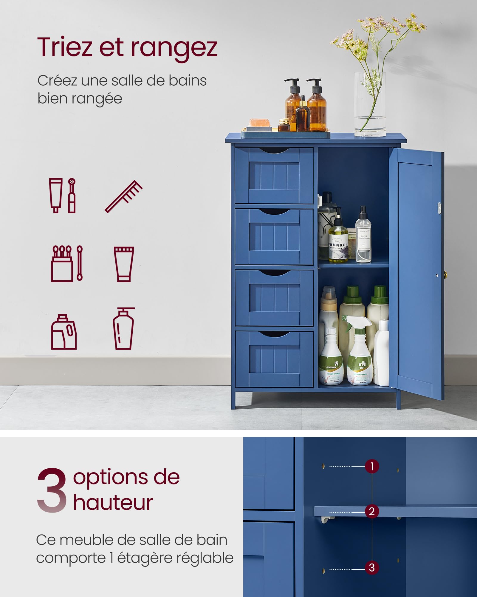 VASAGLE toiletkast, badkamermeubel, badkamerkast, smalle badkamerplank, verstelbare planken, ruimtebesparend, eenvoudige montage, wit BBC310W01