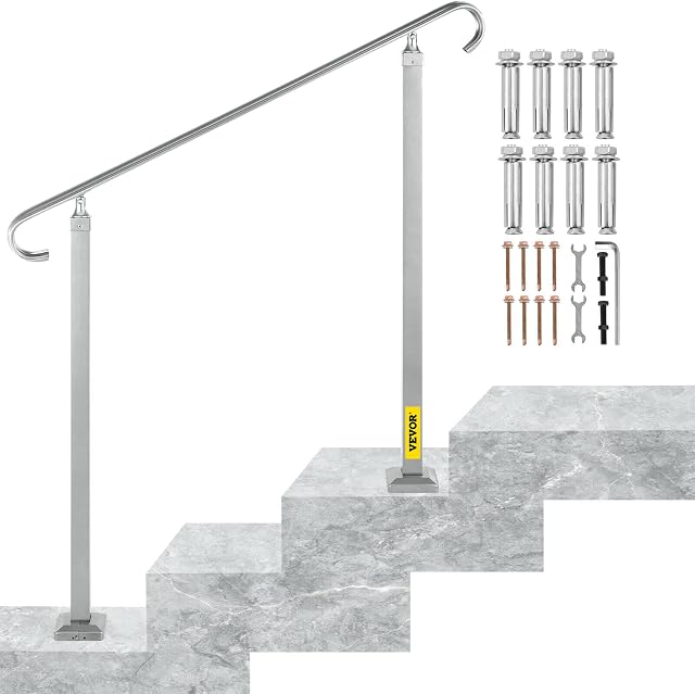 VEVOR Outdoor Stair Railing, Alloy Metal Hand Railing, Fit 2 or 3 Steps Flexible Transitional Handrail, Black Outdoor Stair Rail W/ Installation Kit, Step Handrail for Concrete or Wooden Stairs