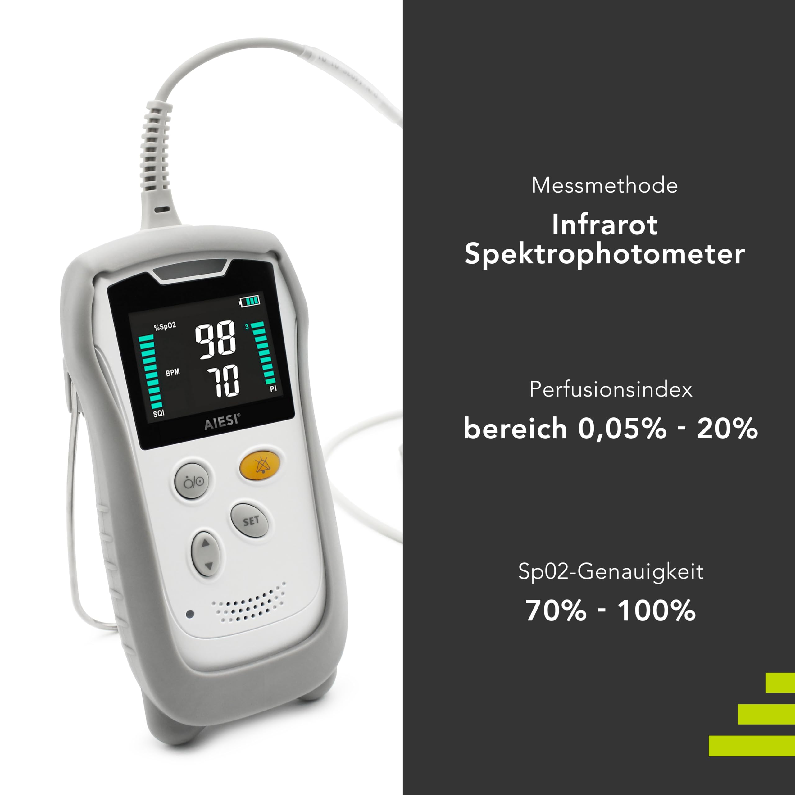 AIESI® Pulsoximeter Handgerät professionell mit Farbdisplay und Anti-Bewegungs-Sonde für Erwachsene A3, Äußerst genaue, Schutzhülle mit Stütze, Batterien, 24 Monate Garantie