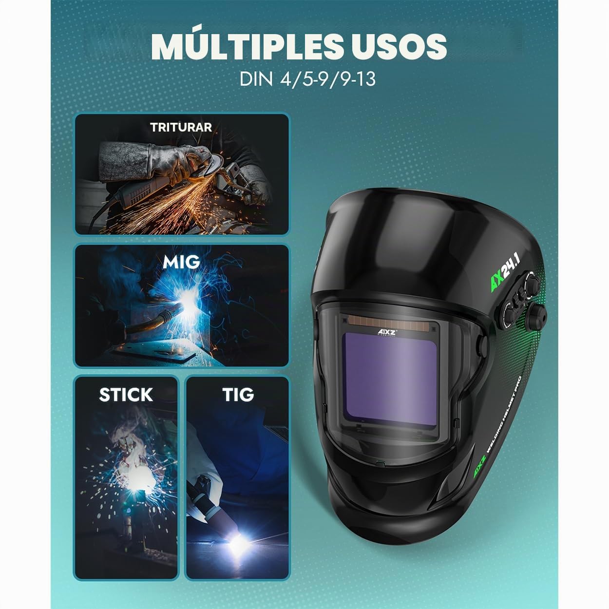 Casco de soldadura AIXZ True Color, clase óptica 1/1/1/2, campo de visión óptimo de 9,9 x 9,7 cm, oscurecimiento automático con 4 sensores de arco (4-5/5-9/9-13) para máscaras de soldadura MIG/TIG/MMA