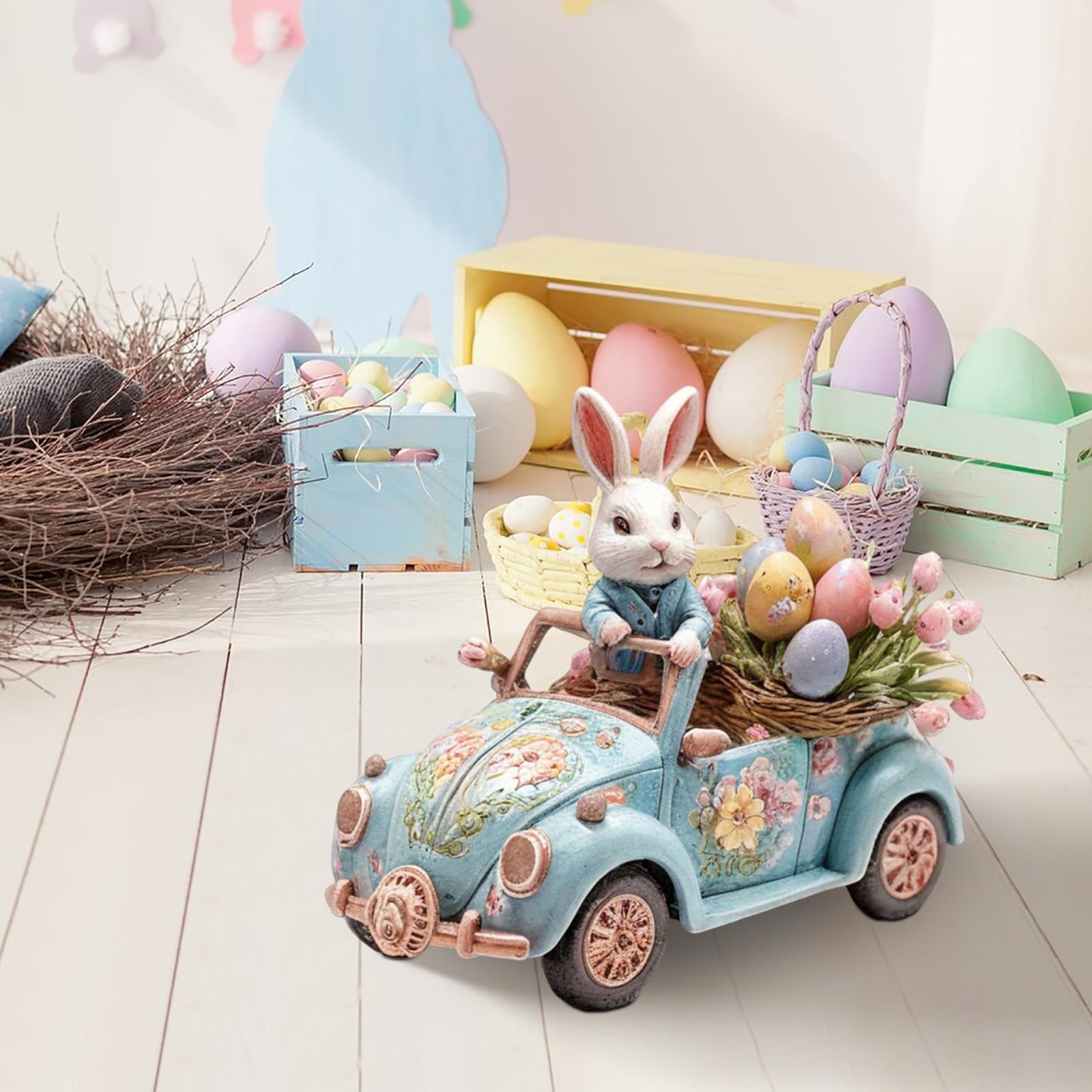 2D Easter Bunny Driving Car Figurine, Acrylic Tabletop Decoration with Floral Design, Blue Vintage Car with White Rabbit and Egg Basket, Spring Holiday Home Decor 021 (#C687) — view 3