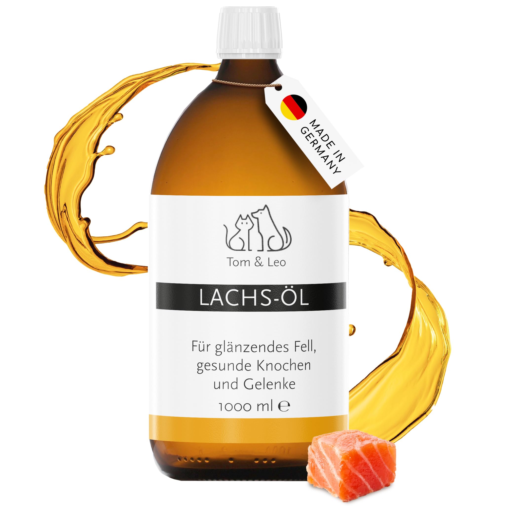 Aceite de salmón 1000 ml para perros y gatos – de Tom & Leo – Aceite de salmón salvaje con Omega 3-6-9, ideal para Barf, Piel y Pelaje, Aceite de pescado Premium para perros