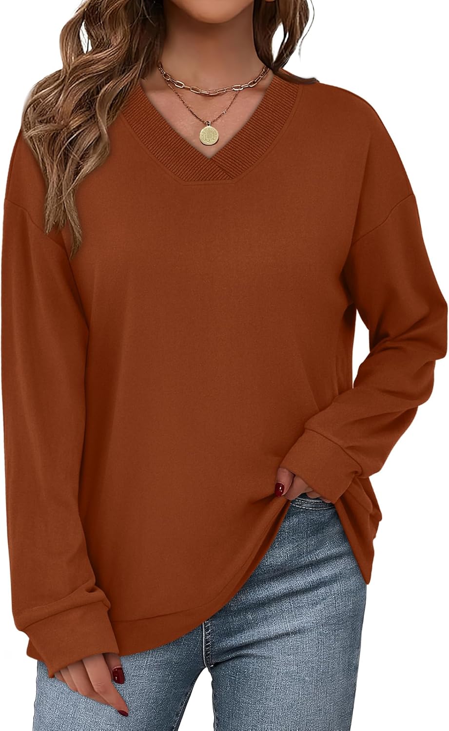 WIHOLL Sweatshirt for Women V Neck Sweaters Long Sleeve Shirts Fall Clothes Ribbed Collar 2025 Trendy Fashion - Image 4