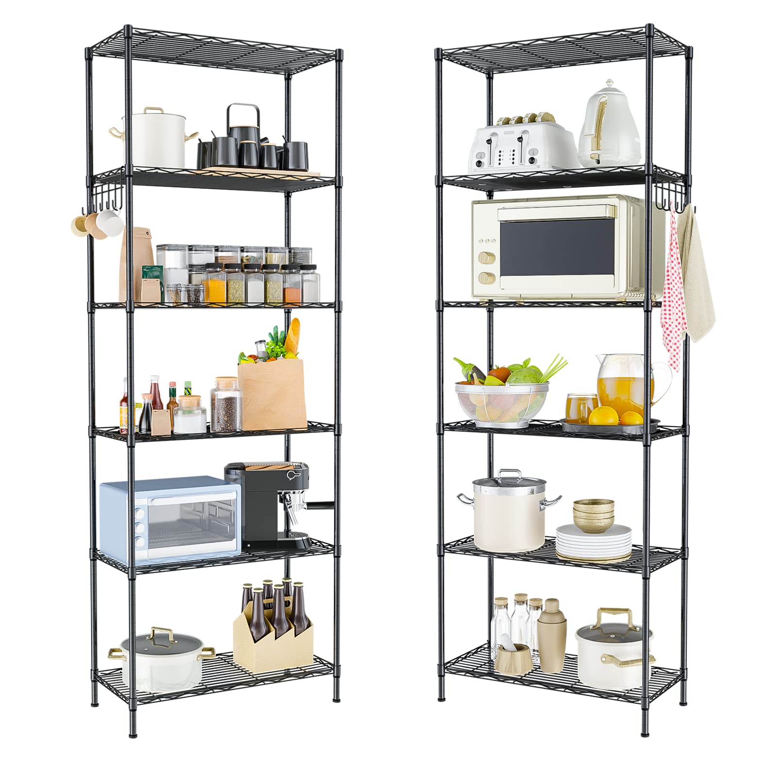 Homdox 2-Pack 6-Tier Storage Shelf Wire Shelving Unit Free Standing Rack Organization Adjustable Leveling Feet, Stainless Side Hooks, Black