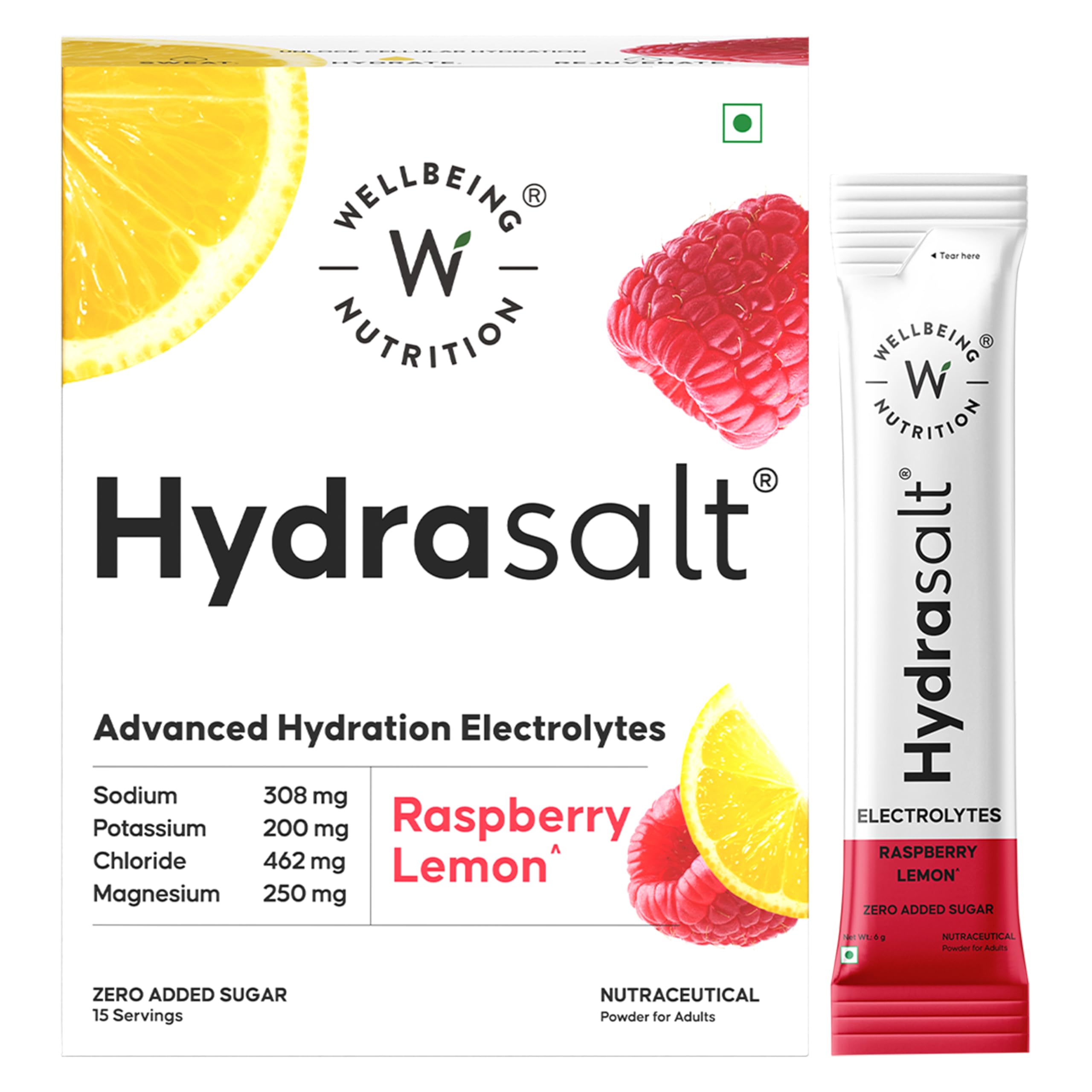 HydraSalt Electrolyte Drink with Zero Added Sugar | 5 Electrolytes & 3 Vitamins for Instant Hydration, Energy, Performance & Recovery, Raspberry Lemon Flavor 90g, Pack of 15