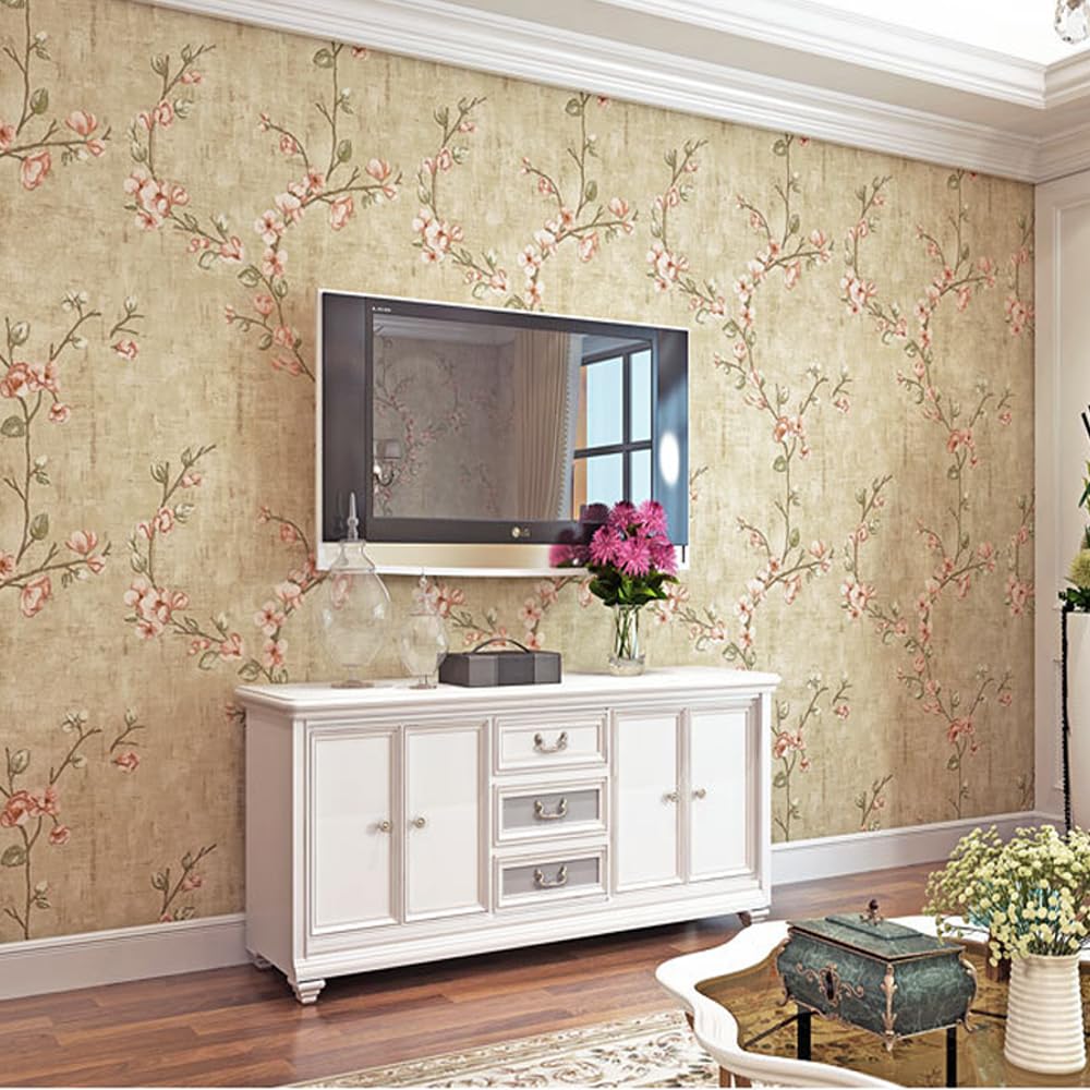 HimYKEA American Countryside Rustic Non-Woven Wallpaper Small Flowers Tree Pattern Retro Style Bedroom Living Room Background Non-Woven Wallpaper Retro Yellow 1.73'W x 32.8'L
