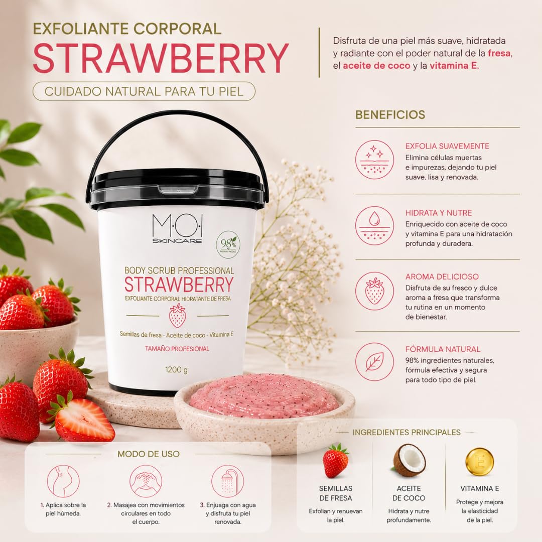 MOI Profesional Strawberry Body Scrub 1200 g – Exfoliante Corporal Hidratante de Fresa con Semillas Naturales, Aceite de Coco y Vitamina E | Piel Suave y Nutrida para Uso Profesional | Tamaño Grande