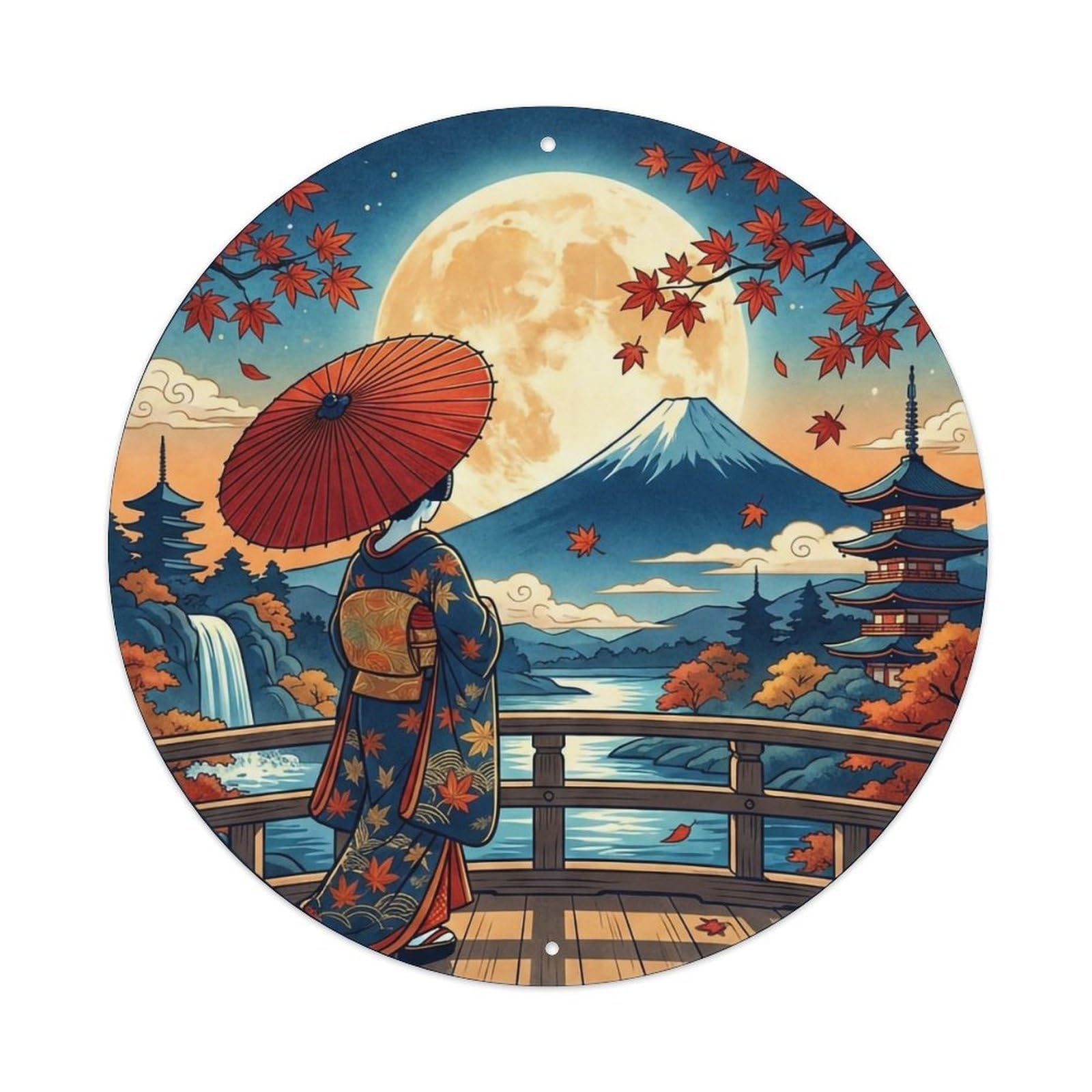 Yrnq 8X8inch Vintage Style Japanese Kimono Lady Full Moon Viewing Serene Landscape Metal Tin Sign