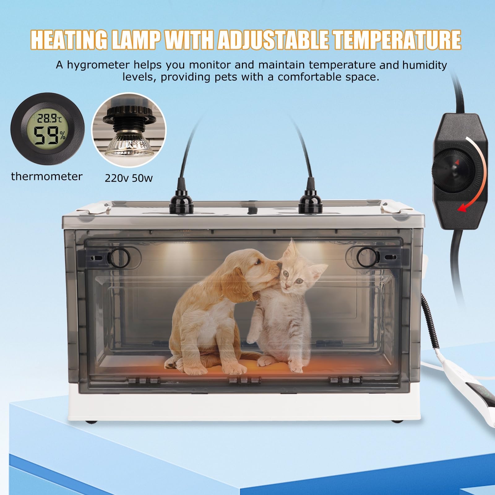 85 Incubadora para Cachorros y Gatitos Plegable Caja Incubadora para Perros con Calefacción Termómetro Visual Nebulizador para Mascotas Aves PáJaros Reptiles (85 L)